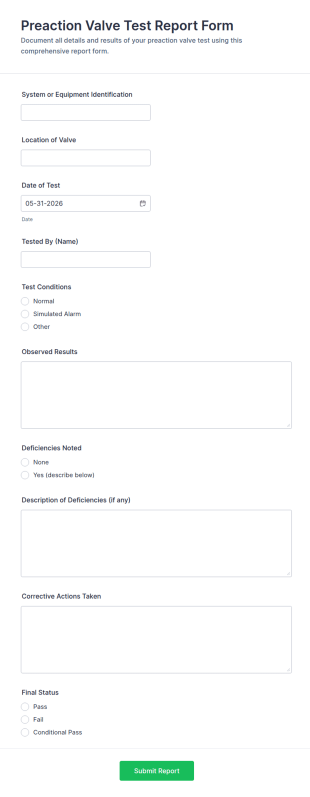 Preaction Valve Test Report Form Template