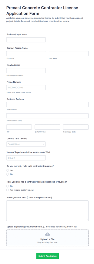 Precast Concrete Contractor License Application Form Template