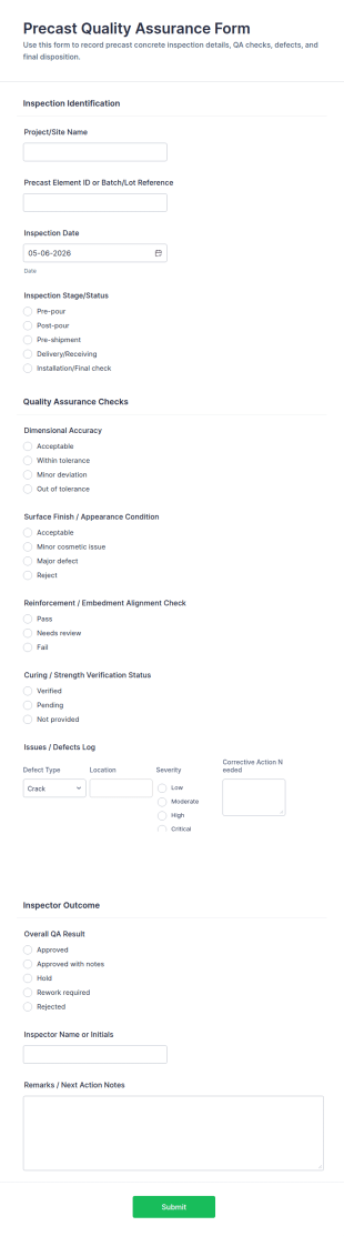 Precast Quality Assurance Form Template