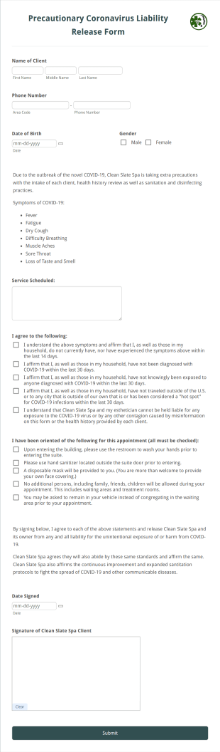 Precautionary Coronavirus Liability Release Form Template