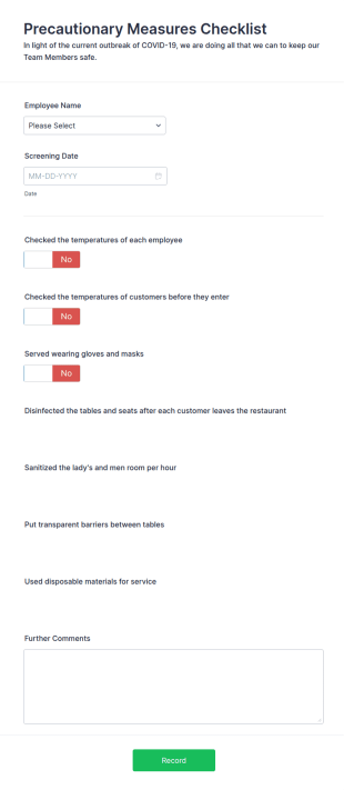 Precautionary Measures Checklist Form Template
