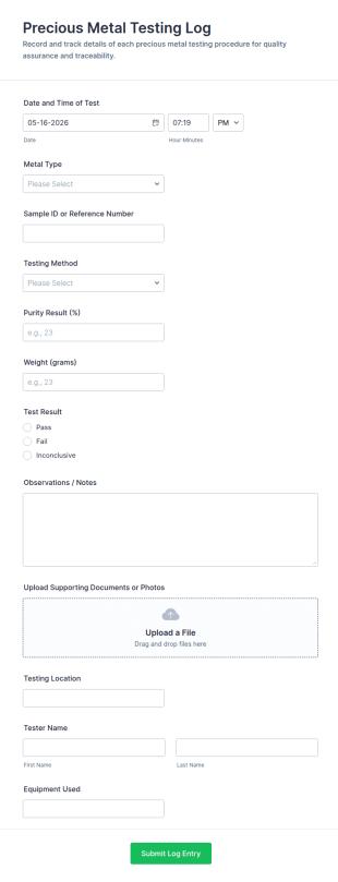 Precious Metal Testing Log Form Template