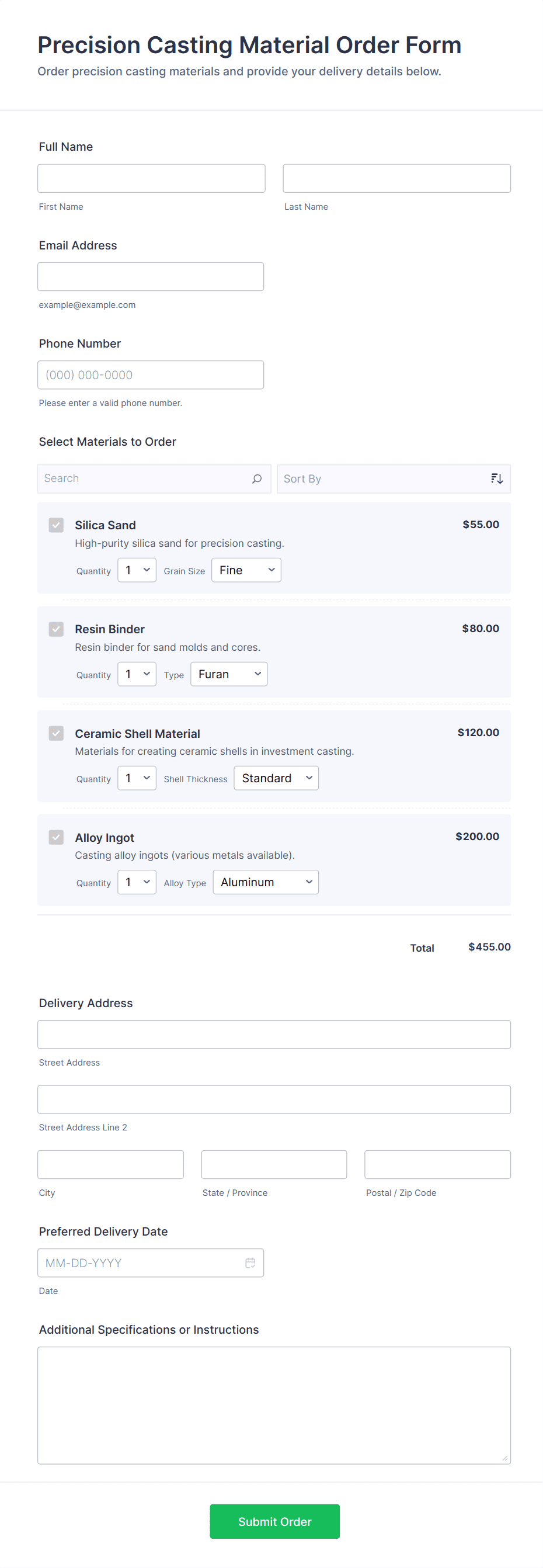 Precision Casting Material Order Form Template | Jotform