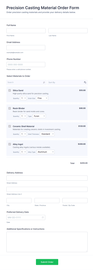 Precision Casting Material Order Form Template