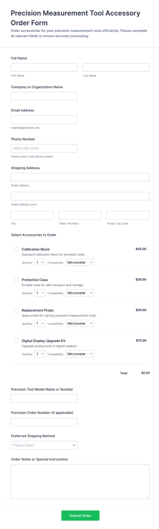 Precision Measurement Tool Accessory Order Form Template