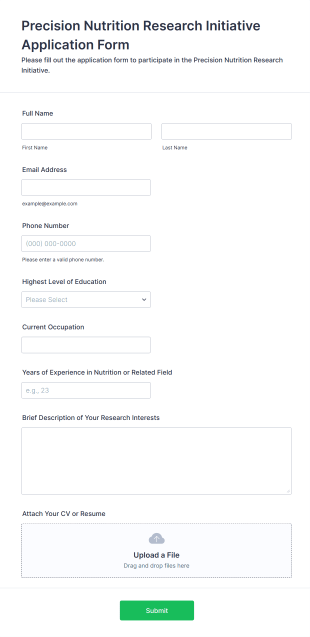 Precision Nutrition Research Initiative Application Form Form Template