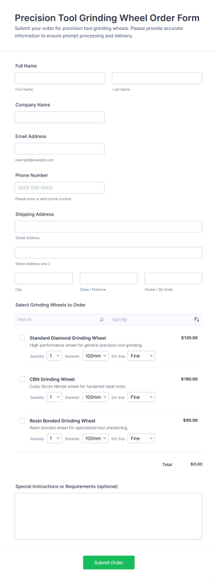 Precision Tool Grinding Wheel Order Form Template