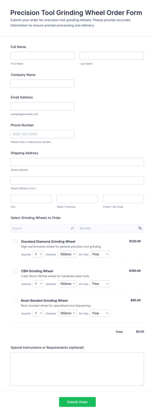 Precision Tool Grinding Wheel Order Form Template