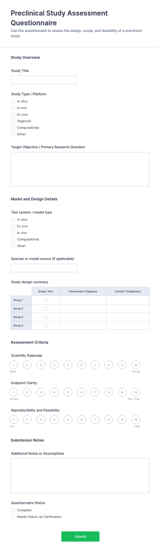 Preclinical Study Assessment Questionnaire Form Template
