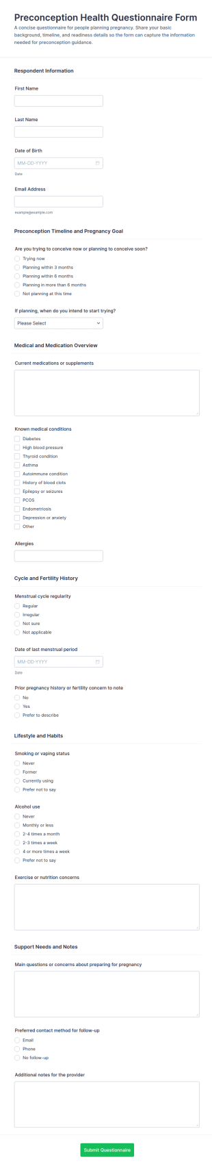 Preconception Health Questionnaire Form Template