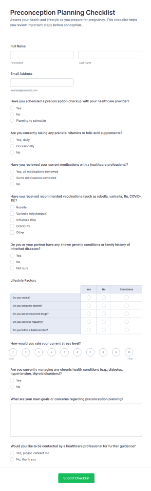 Preconception Planning Checklist Form Template
