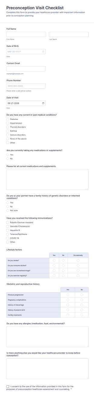 Preconception Visit Checklist Form Template