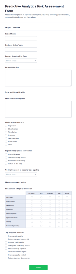 Predictive Analytics Risk Assessment Questionnaire Form Template
