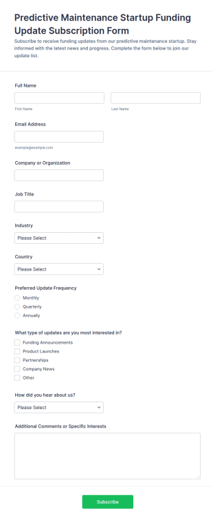 Predictive Maintenance Startup Funding Update Subscription Form Template