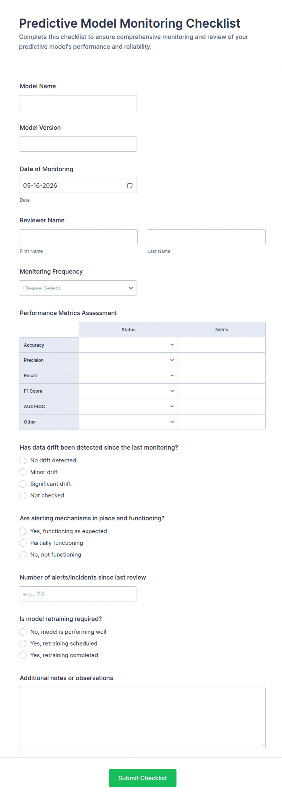 Predictive Model Monitoring Checklist Form Template | Jotform