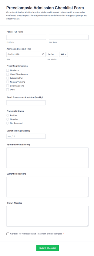 Preeclampsia Admission Checklist Form Template
