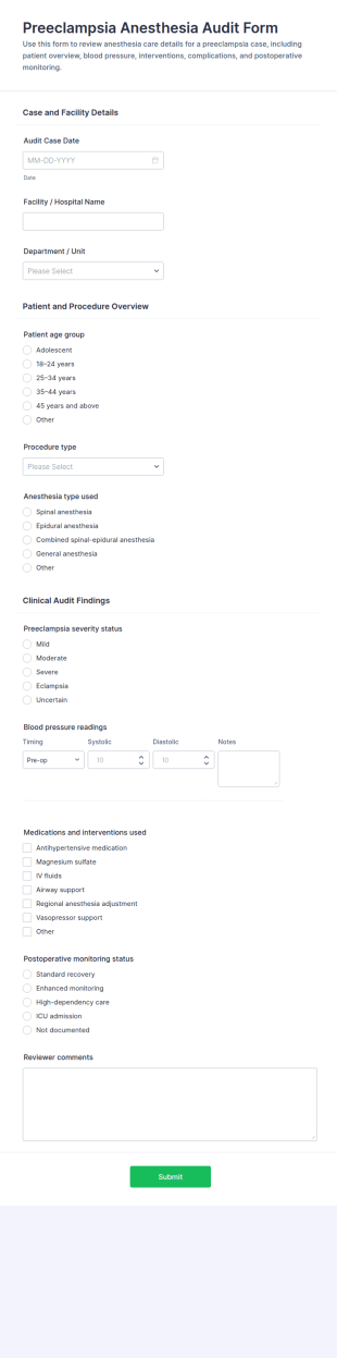 Preeclampsia Anesthesia Audit Form Template