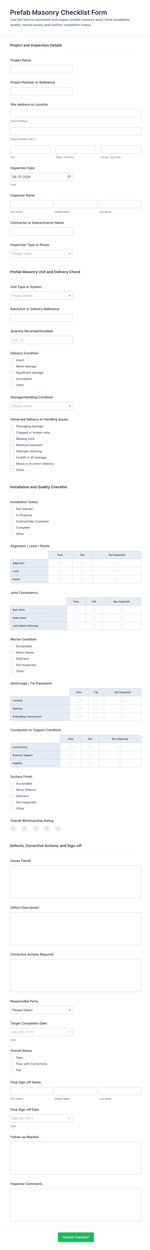 Prefab Masonry Checklist Form Template