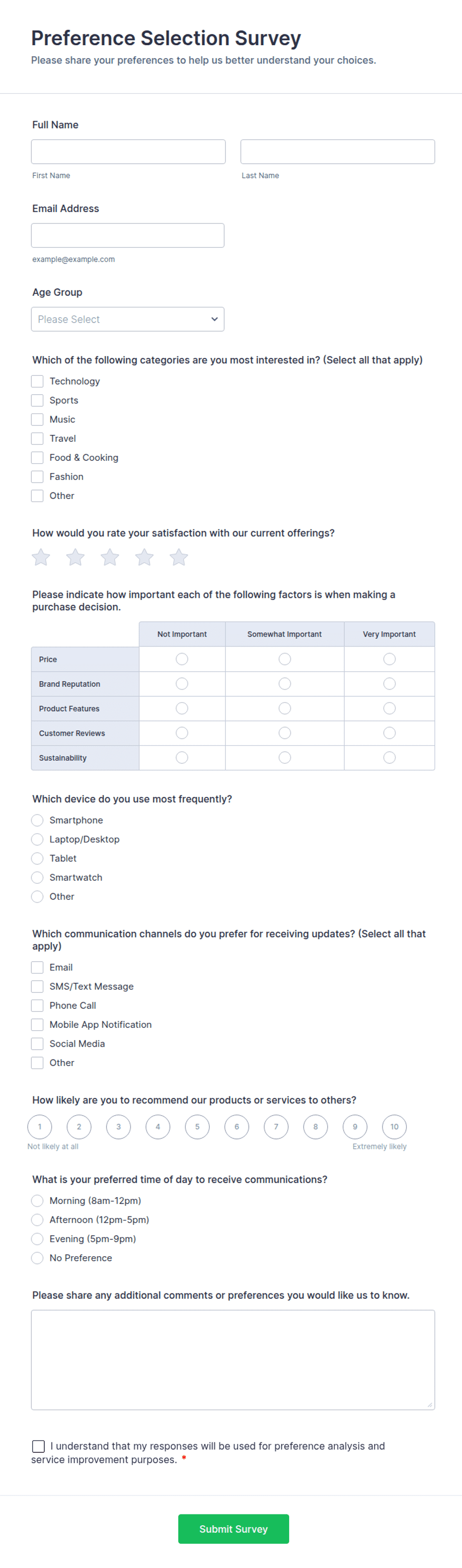 Preference Intake Form Preference Selection Survey Form Template | Jotform