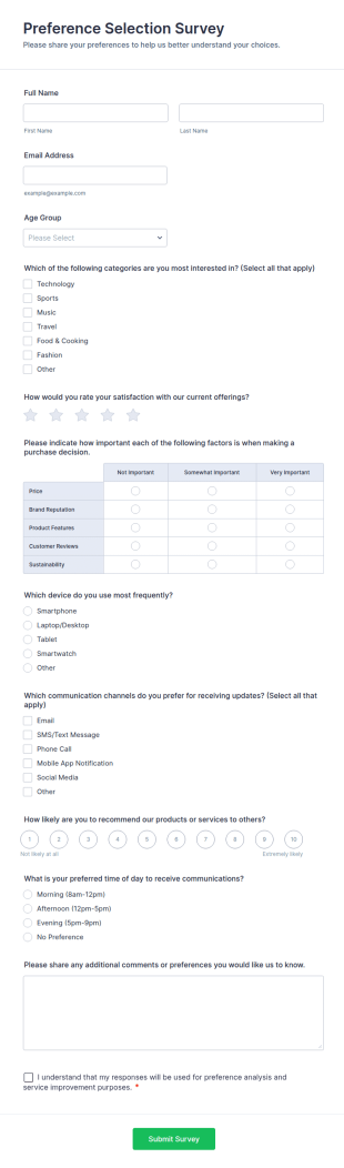 Preference Selection Survey Form Template