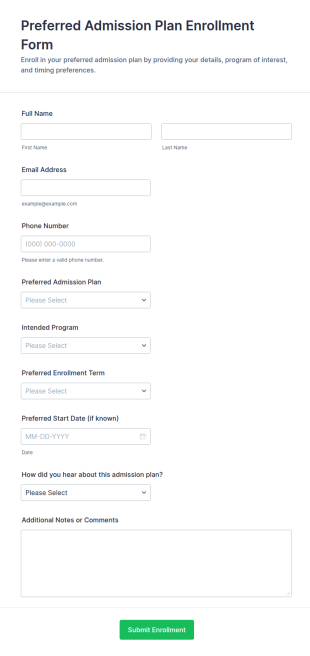 Preferred Admission Plan Enrollment Form Template