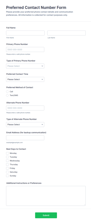 Preferred Contact Number Form Template
