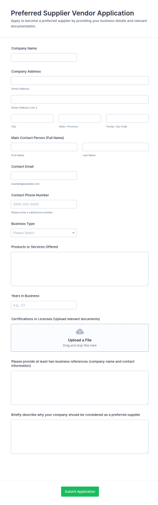 Preferred Supplier Vendor Application Form Template