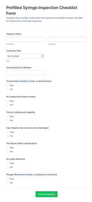 Prefilled Syringe Inspection Checklist Form Template