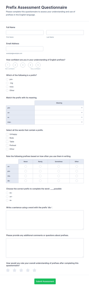 Prefix Assessment Questionnaire Form Template