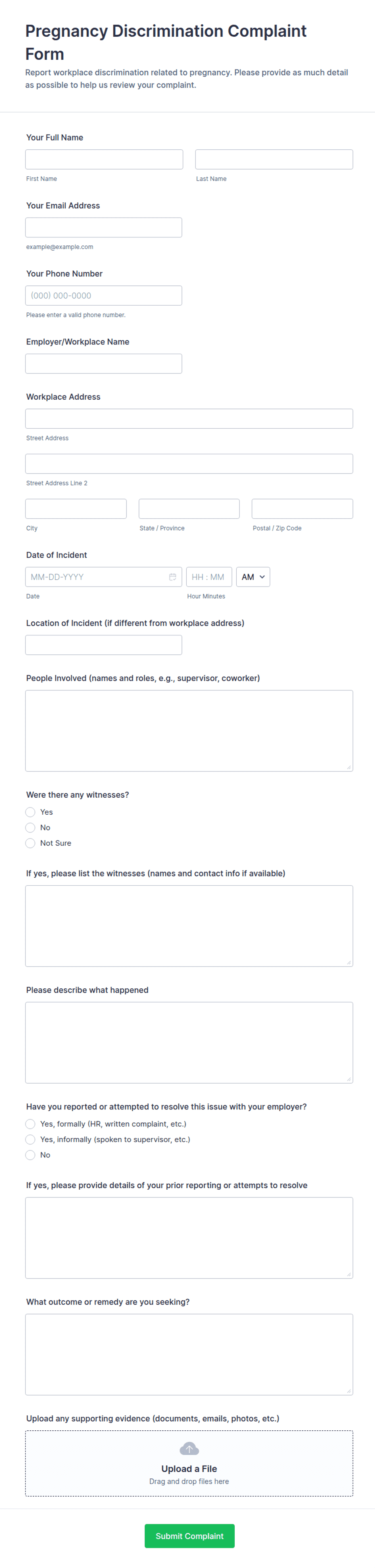 Pregnancy Discrimination Complaint Form Template | Jotform