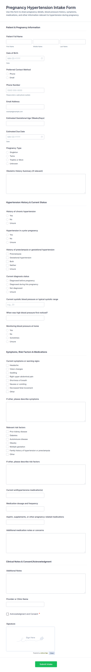 Pregnancy Hypertension Intake Form Template