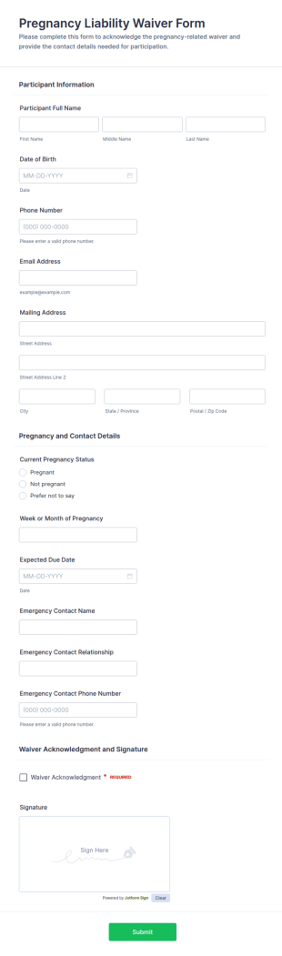 Pregnancy Liability Waiver Form Template