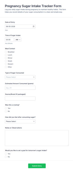 Pregnancy Sugar Intake Tracker Form Template