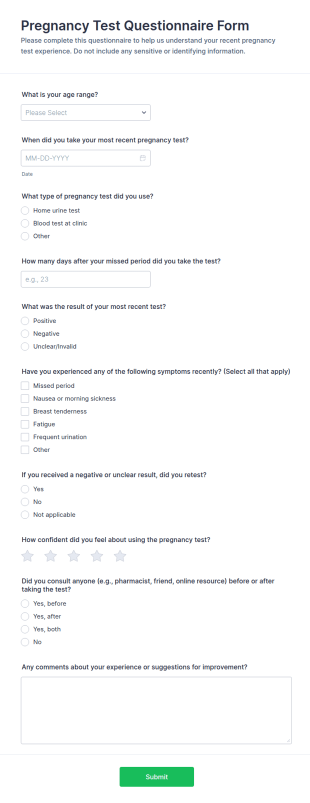 Pregnancy Test Questionnaire Form Template