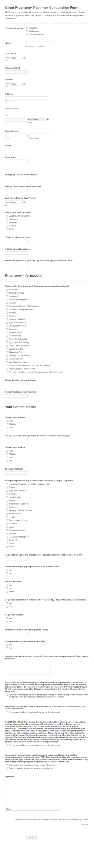 Pregnancy Therapies Consultation Form Template