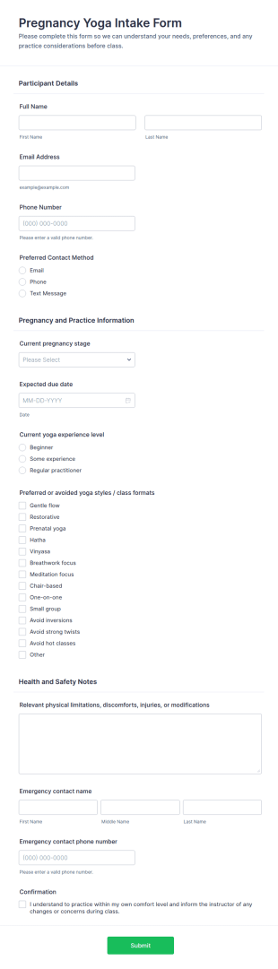 Pregnancy Yoga Intake Form Template