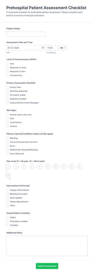 Prehospital Patient Assessment Checklist Form Template