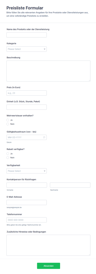 Preisliste Formular