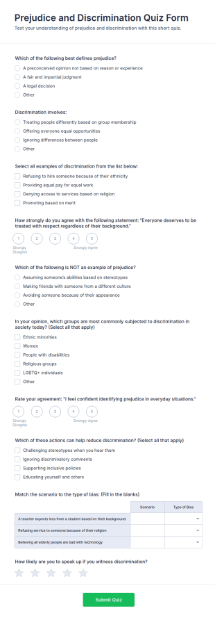 Prejudice And Discrimination Quiz Form Template