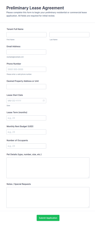 Preliminary Lease Agreement Form Template