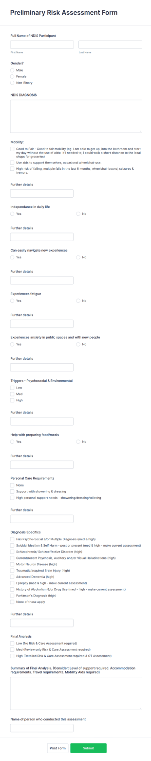 Preliminary Risk Assessment Form Template
