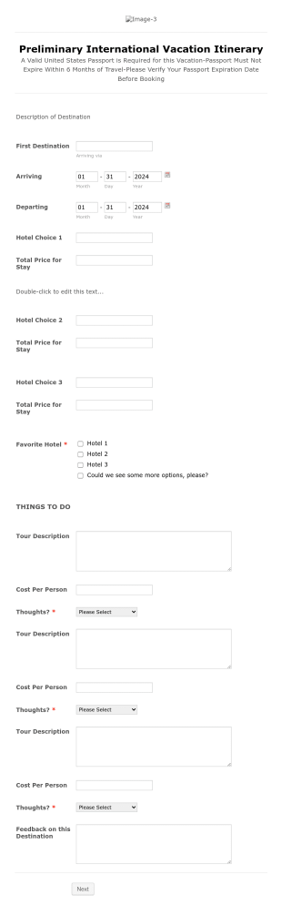 Preliminary Vacation Itinerary Form Template