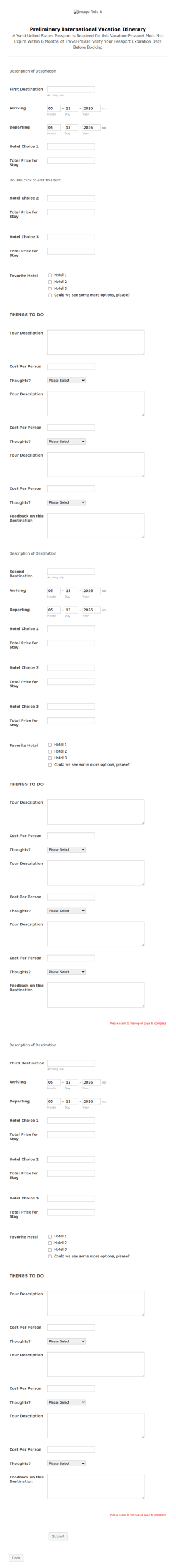 Preliminary Vacation Itinerary Form Template