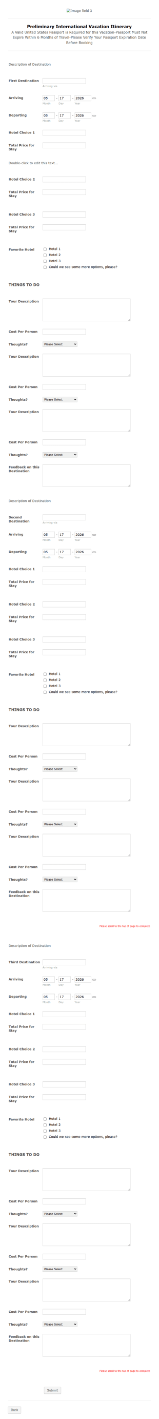 Preliminary Vacation Itinerary Form Template