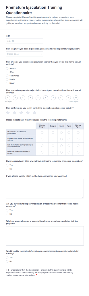 Premature Ejaculation Training Questionnaire Form Template
