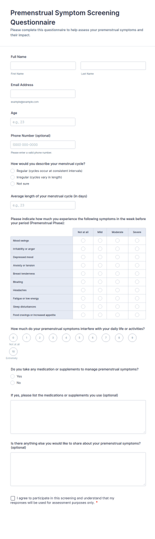 Premenstrual Symptom Screening Questionnaire Form Template