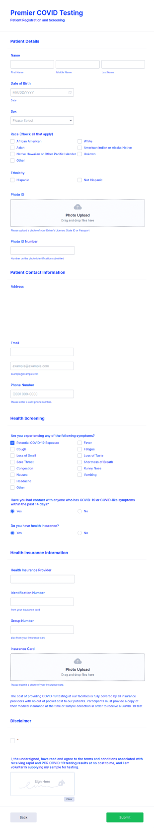 Premier COVID Testing Form Template