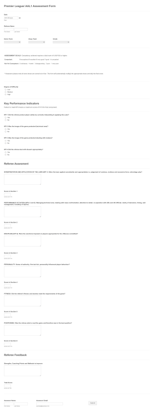 Premier League/ AAL1 Assessment Form Template