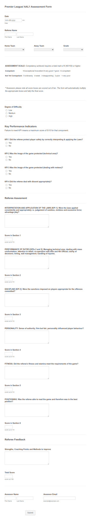 Premier League AAL1 Assessment Form Template