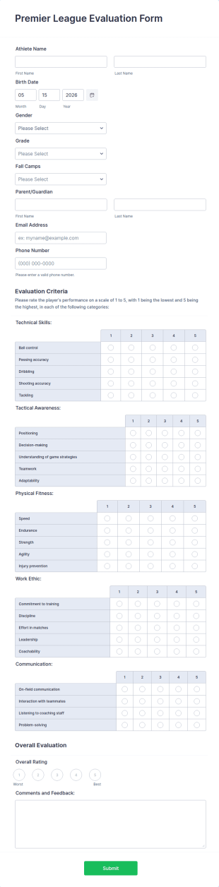 Premier League Evaluation Form Template